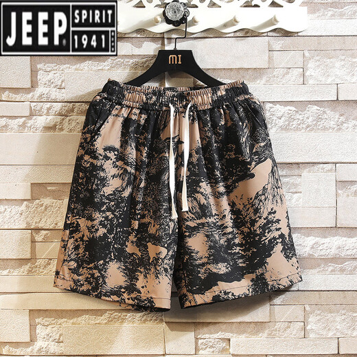 JEEP SPIRIT Hawaiian Ice Silk Shorts Men's Summer Thin Trendy Brand Printed Beach Pants Loose Large Size Casual Sports Crispy Pants DK693 M