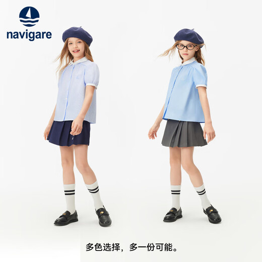 Navikel Italian dinghy children's short-sleeved shirt summer breathable medium and large children's doll collar cute and versatile girls' short-sleeved midsummer holiday blue and white strips 160