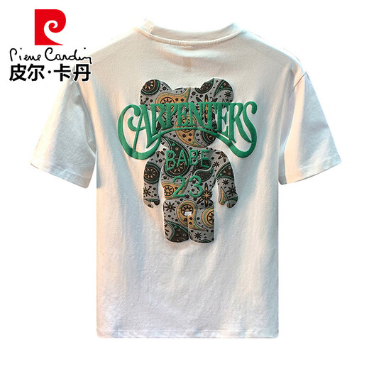 Pierre Cardin 2025 Nueva impresión de letra de oso suelto Camiseta de manga corta para hombres Camiseta de algodón delgada de algodón de algodón de moda blanco 5 JSW9923 m adecuado para 90-108Jin [Jin iguala 0.5 kg]