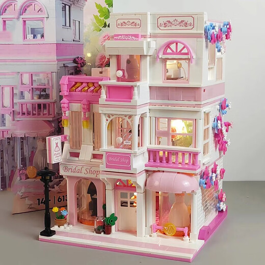 迷你街景女孩房子别墅咖啡店拼装积木建筑城堡儿童8岁女生玩具 双层-汪汪时尚公寓+送灯光1048