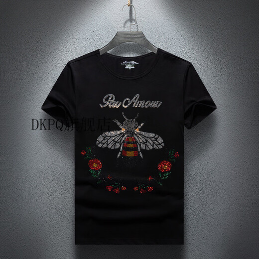 DKPQ Vasaqi Herren Iron Diamond Round Neck T-Shirt kurzärmelige Sommerkleidung neue trendige Marke Rundhals rundes Nacken mercerisierte Baumwoll-Hälfte von T-Shirt-Basis-Hemd 1048 Black S (geeignet für 90-110jin [Jin gleich 0,5 kg]))