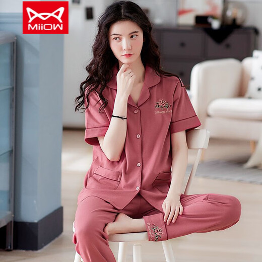 猫人（MiiOW）睡衣女士夏季纯棉短袖长裤家居服春夏天薄款开衫加大码 QNM-LMSJ-Q9929 M -【建议80斤-100斤】