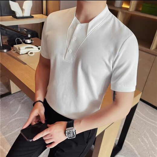 逐梦颜假两件亨利领短袖polo衫男夏季潮牌痞帅高级感修身小立领半袖T恤 黑色 2XL