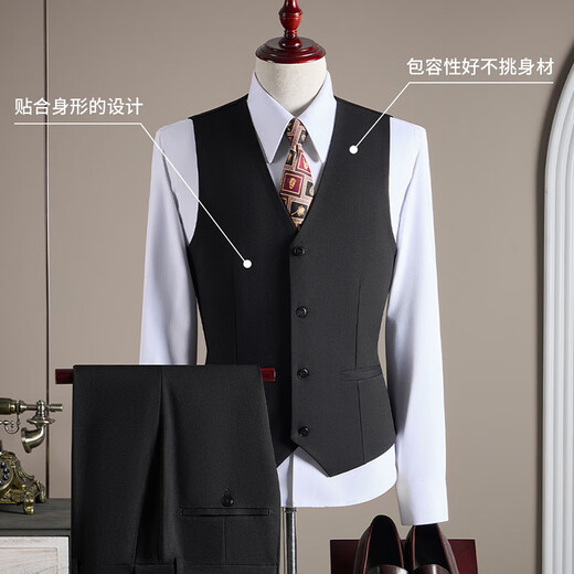 ROMON suit + vest + trousers suit suit men's professional formal wedding dress wool jacket black XL