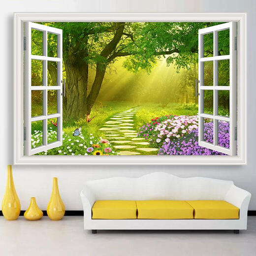 Qilicai landscape painting wall stickers three-dimensional mural stickers self-adhesive living room background wall decoration painting fake window simulation stickers landscape landscape T-1342 comes with adhesive super large splicing width 300cm * height 200c