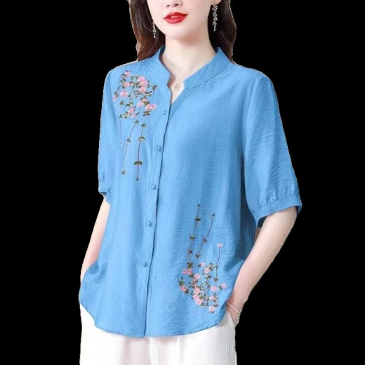 锦人初夏季中袖棉麻上衣女2025新款国风刺绣女士衬衫妈妈装宽松亚麻小衫 红色-694 均码 m约108斤内