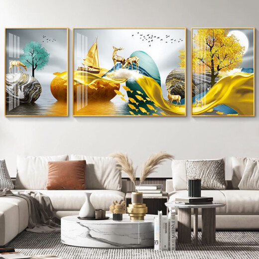 现代简约客厅装饰画沙发背景墙壁画大气轻奢三联画挂画镶钻晶瓷 HJ-3893-一帆风顺 两边70*90中间140*90华贵金框镶