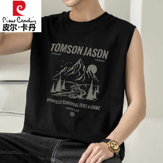 Pierre Cardin black vest men's summer pure cotton printed sleeveless T-shirt to wear loose fitness sports vest M18-698 black M