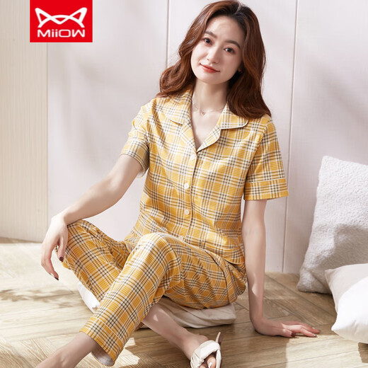Catman Miiow Pajamas Femenino de algodón de algodón de algodón de algodón de algodón de manga corta se puede usar trajes de manga corta en el exterior para ropa a cuadros de mediana edad de verano xkf9921 m 80-