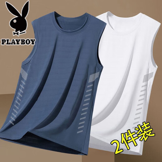 花花公子（PLAYBOY）冰丝背心男夏季潮流圆领网眼透气速干运动坎肩凉感吸汗无袖上衣 黑色+深灰/ 二件装收藏加购优先 XL (115-125斤)