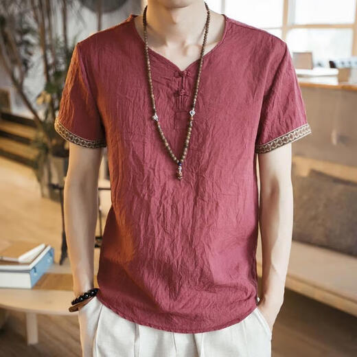 Zoscheter Chinesischer Stil Herren im chinesischen Stil von Herren T-Shirt Herren Kurzärärmelte lose, große, dünne, lässige Schnalle Retro-Baumwollwäsche auf 686 Sky Blue L 115jin [Jin ist 0,5 kg]