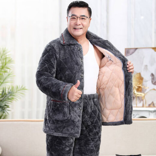 桑琴冬天穿的睡衣男士三层夹棉加棉袄加厚加绒珊瑚绒中老年人爸爸套装 C9901#黑灰色男【牛奶绒】 L (100-125斤)三层加厚
