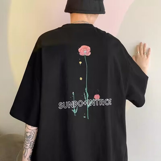 POUM American T-shirt Men's Summer Trendy Rose Print Short Sleeve Loose and Versatile Niche Five-point Half-sleeved T-shirt ins A+FS-H1396 White S