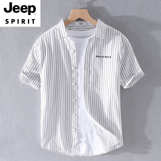 JEEP SPIRIT2025男士条纹衬衫短袖宽松夏季薄款日系休闲百搭棉衬衣夏装衣服 9721白色 M 100斤左右
