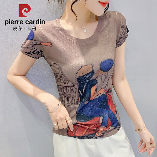 Pier Cardin 2025 summer new European slim half-sleeved top for women's fashionable slim creative cartoon printed short-sleeved T-shirt trend 8022-52# Khaki S