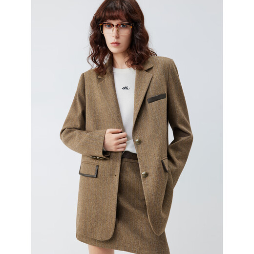 ELLE sheep wool herringbone texture suit jacket for women 2026 spring new wide shoulder casual silhouette suit coffee color S
