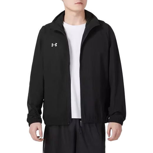 安德玛（Under Armour）纯色运动防风拉链连帽夹克外套男女同款黑色 黑色 S