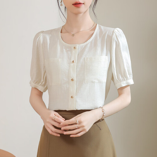 皮尔卡丹（pierre cardin）法式气质圆领短袖衬衫女2025夏季新款简约百搭衬衣设计感小众上衣 3294米白质量 S 建议95斤以内