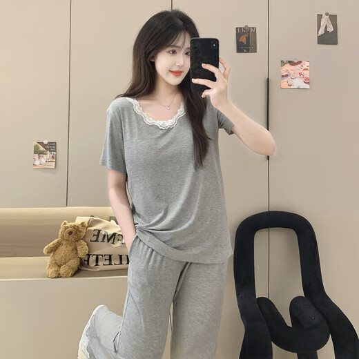 可外穿短袖睡衣女夏季甜美性感蕾丝花边莫代尔棉带胸垫套装家居服 1278黑色 XL 120-150斤