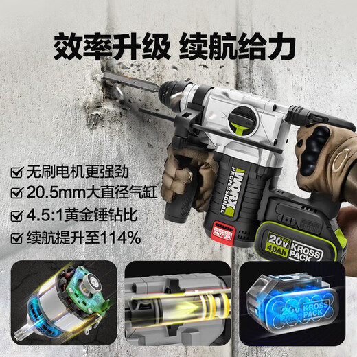 威克士20V锂电无刷电锤WU388充电式大功率工业级多功能冲击钻电镐 WU3884.0双电+闪充