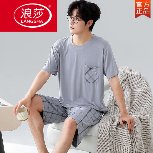 浪莎（LangSha）莫代尔睡衣男士夏季短袖短裤家居服青年薄款夏天休闲宽松大码套装 6623 L