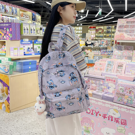 2025新款时尚百搭双肩包女可爱史迪仔卡通动漫大学生轻便书包 蓝色（有挂件）