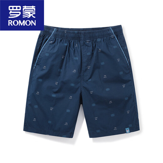 ROMON summer thin mid-trousers loose 5-point cotton home beach pants mid-trousers wearing casual shorts men's five-point pants 9215 dark blue XL