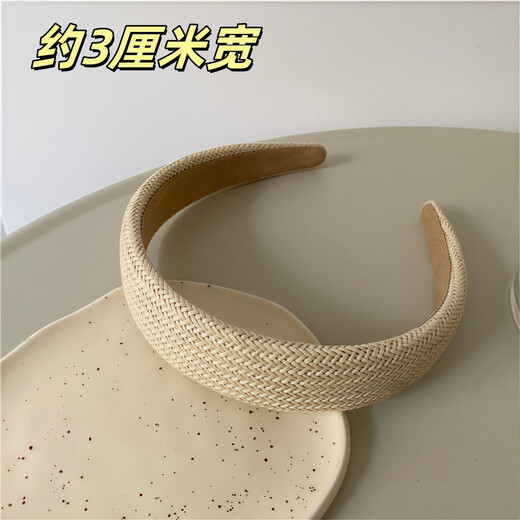 SNQP Korean ins summer cotton and linen braided wide-brimmed hair hoops, versatile and temperamental, solid color headbands, hair clips and hair accessories, 1 beige hair hoop, 3cm wide