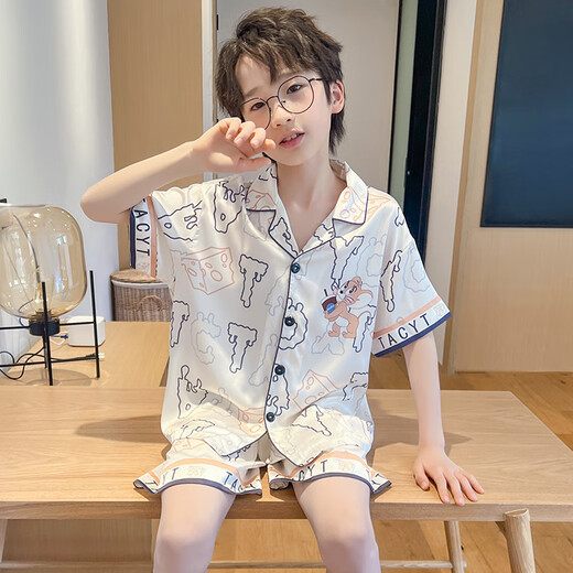 诗茹梦夏季儿童短袖冰雪丝翻领男孩男童卡通款开衫睡衣套装家居服春夏季 6636#（黄色龙） 120 童10码 110-120CM 38-45斤