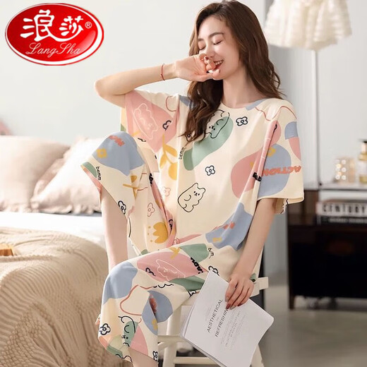 浪莎睡衣女夏季短袖七分裤套装宽松春夏天可外穿家居服 短袖七分裤679 M  建议80-95斤穿