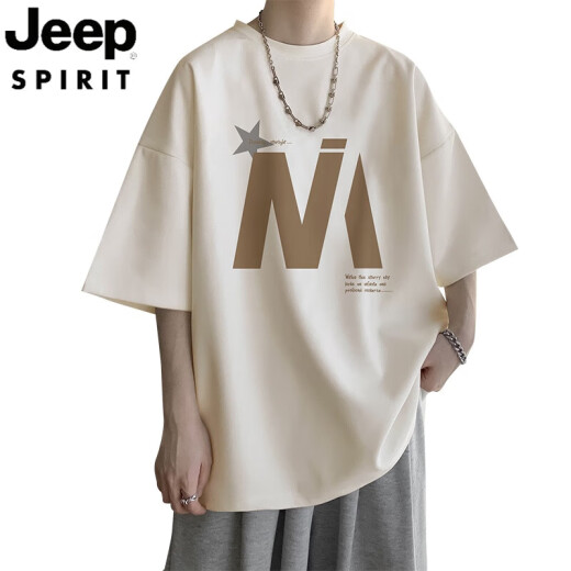 JEEP SPIRIT吉普杏色短袖t恤男士夏季薄款宽松休闲半袖男生圆领五分体恤衣服 5012杏色 XL 125-140斤可穿