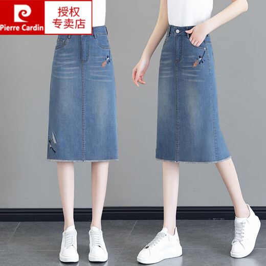 Pierre Cardin (Pierre Cardin) Überknee-Schlitzfell-Kanal-Denim-Rock für Frauen 2025 Sommer neuer schlanker Stickerei einstufige Hüft-Mid-Rock Blue XL 29 [Vorschlagen 15125jin [Jin gleich 0,5 kg]]]