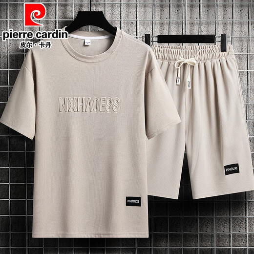 皮尔卡丹（pierre cardin）夏季男士运动套装短袖T恤上衣宽松大码短袖短袖休闲套装帅气搭配 套装829咖色 M 建议穿90-110斤
