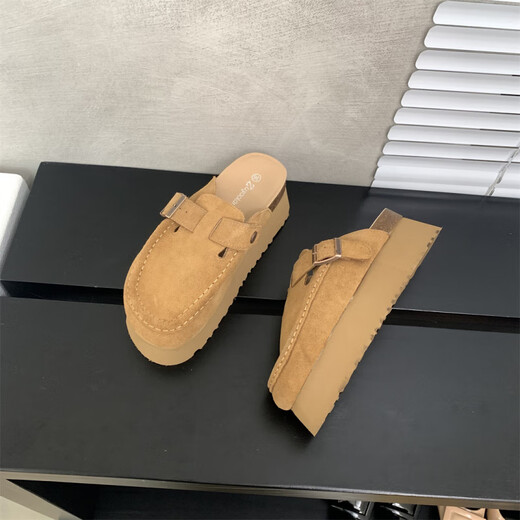 S.Sofea Birkenstock-Schuhe für Frauen im Frühjahr und im Sommer erhöhten Kork-Sohle Mules Retro-Stil 677-2 Aprikosenkamelfarbe 37