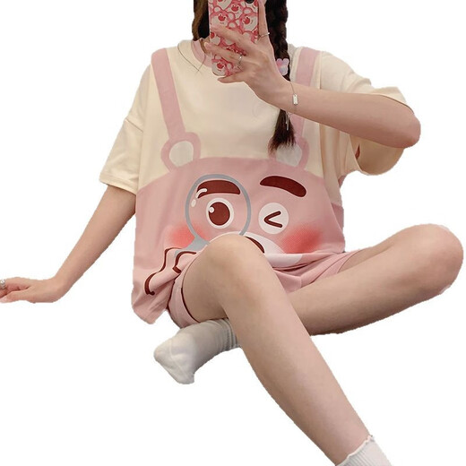 Opeodly夏季睡衣女薄款学生甜美短袖短裤两件套夏天宽松可外穿休闲家居服 684背带熊 XL 【建议112-125斤】