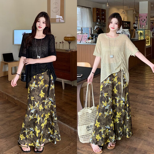 Single bundle fat mm plus size women's ice silk knitted top printed skirt suit A1477 top + 21846 skirt 21846 skirt 3XL 160-180 One size fits all