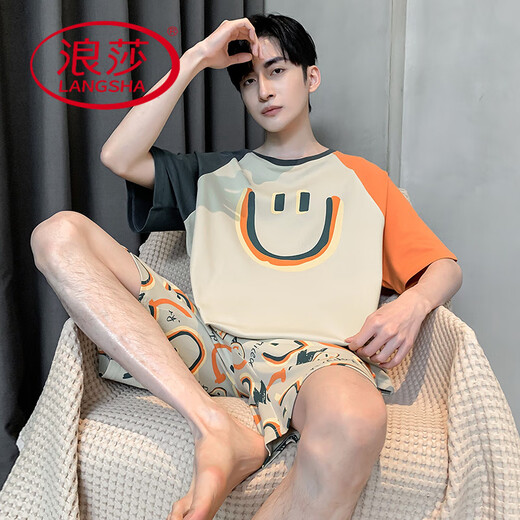 Langsha Summer Pyjamas Herren 2025 Neue Pure Cotton Short Sleeve Shorts Dünne Sommer-Teenager Full Cotton Home Clothing Set W9928 [reines Baumwoll-Kurzarm-Männer] l [100-130jin [Jin gleich 0,5 kg]]]