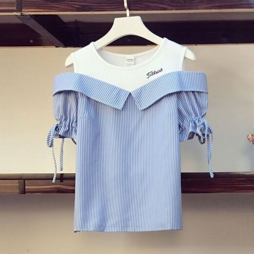 Opeodly Single/Gran tamaño Summer Summer NUEVO estilo de estilo Ade. Reductor de edad de altura que se acumula altas con la cintura alta de las piernas anchas altas de dos piezas 684 Top de rayas azules (pieza única) L Recomendado 103-120Jin [Jin iguala 0.5 kg]
