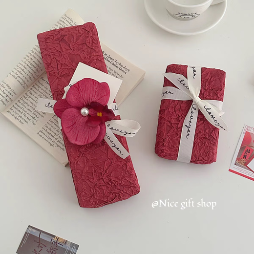 Burgundy stone-grained paper, high-end light luxury festive gift wrapping paper, textured wedding gift holiday decoration paper, 1 piece of burgundy stone-grained paper + red phalaenopsis + 1 meter English ribbon + double-sided tape