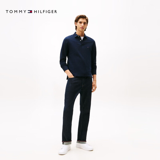 Tommy Hilfiger solid color slim fit autumn and winter men's business casual commuting small embroidered logo lapel long-sleeved T-shirt POLO shirt navy blue DW5 2XL