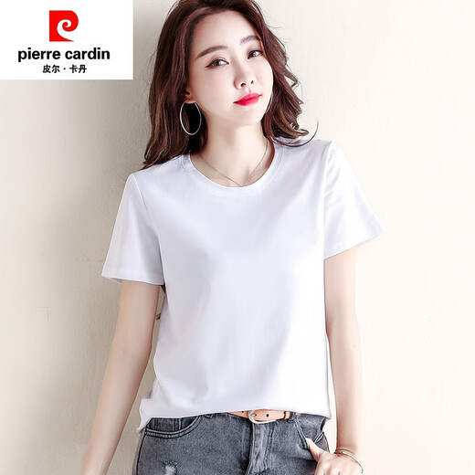 Pierre Cardin Pure Cotton Kurzärärmelte-T-Shirt für Frauen lose und vielseitige, feste Farbe Runde Hals Black Basis T-Shirt T-Shirt Top 6172 Schwarzer Kurzärärmel-M (Empfohlen 80-105 Jin [Jin Equals Equales 0,5 kg])