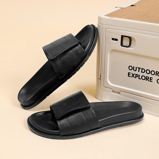 
HANG TEN slippers men's 2025 summer new genuine leather breathable outer wear non-slip flops fashionable and trendy versatile men's slippers black 40 (leather shoe size)