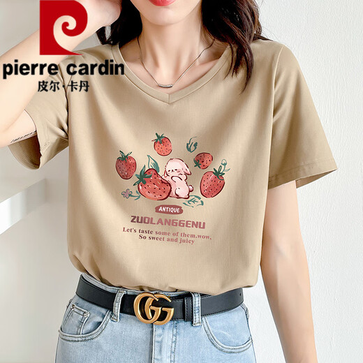 皮尔卡丹（pierre cardin）卡其色t恤女2025新款夏季短袖纯·棉正肩体·恤设计感兔子v领显瘦 卡其色 723 S