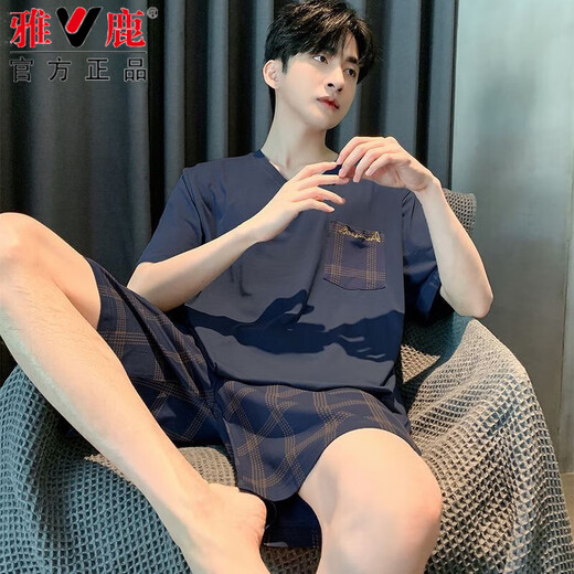 雅鹿夏季男士睡衣莫代尔短袖薄款大码套装休闲男夏款宽松家居服 9721 L 100-130斤