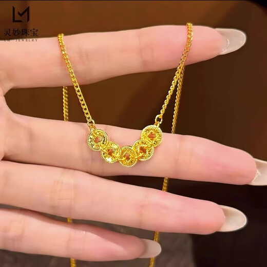 Fat Donglai's same style gold-coated silver necklace for women, clavicle ball bead thin chain jewelry that does not fade, water wave chain + gold leaf (pure gold covered with silver)