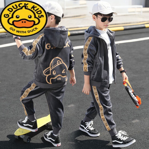 G.DUCKKIDS Boys Autumn and Winter Clothing Gold Velvet Suit 2024 New Children's Winter Warm Children's Clothes Boys' Velvet Thickened Handsome Gray Duck (Double-sided Velvet) Thickened 140 Recommended for 9-10 years old