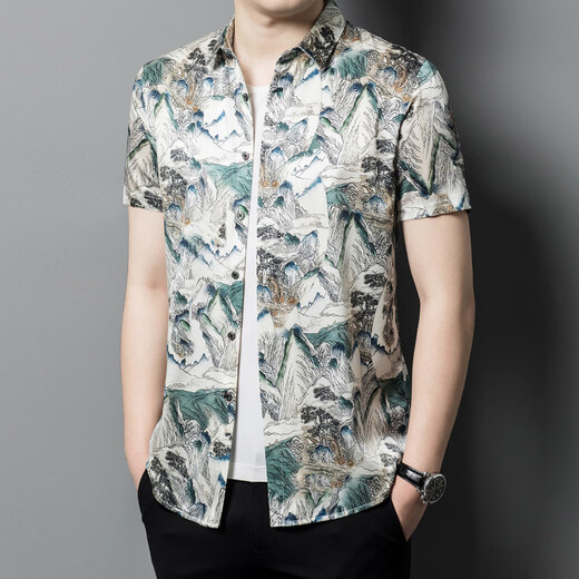 Kazuki Kuraishi Silk haut de gamme à manches courtes pour hommes Mulberry Silk Silk pour les vacances décontractées de style chinois mince à mi-manche blanche (encre bambou Qing) xl 180