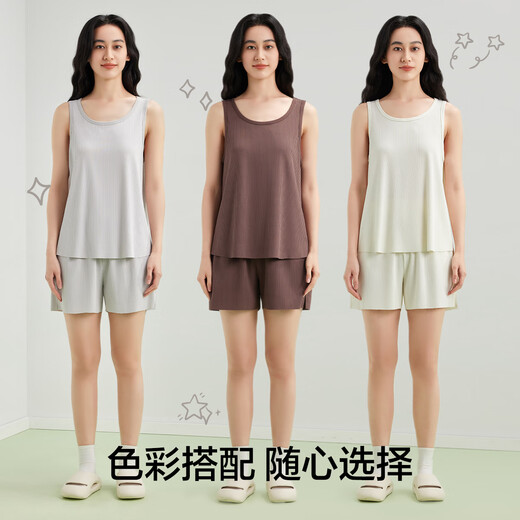 有棵树女士睡衣女夏季新款凉爽柔软坑条肌理透气背心短裤休闲家居服套装