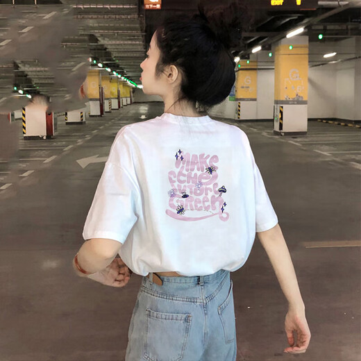 Camiseta de adidas para mujeres en el cuello redondo de verano de mujeres estampados americanos estampados a media manga top de algodón de manga corta HS6836 IP3878 XS 70-85Jin [Jin iguala 0.5 kg]