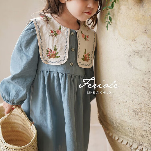 Girls embroidered large lapel embroidered sweet forest princess dress Korean version spring and autumn new fashion fashionable dress blue 90